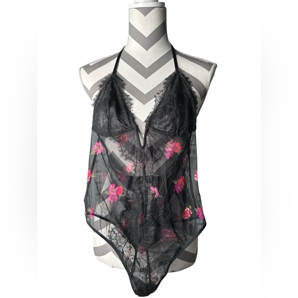 Victoria's Secret Black Lace Lingerie with Pink Floral Accents